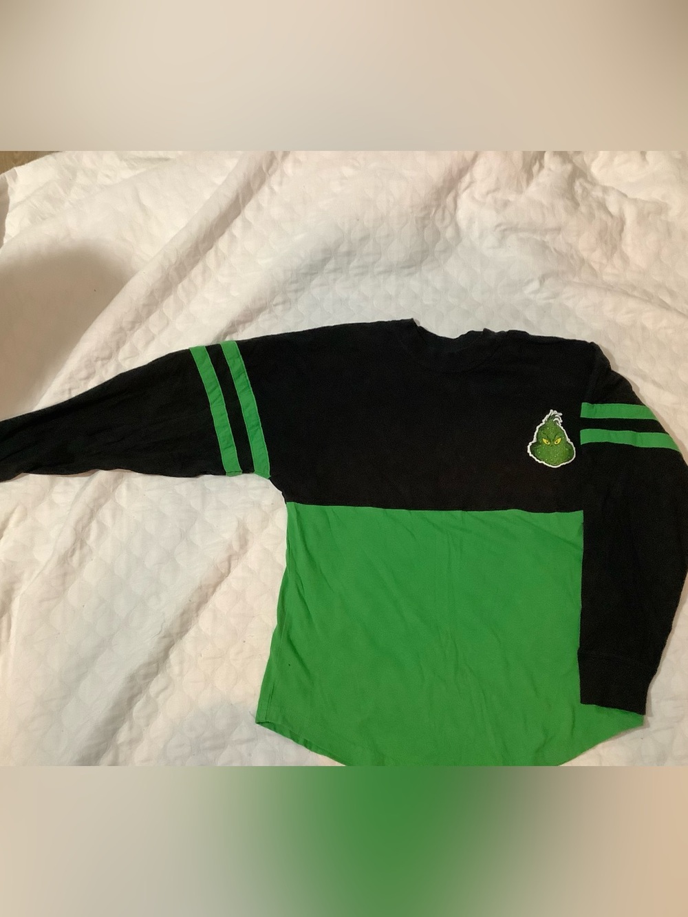 Womens Black and Green Colorblock Long Sleeve Top with Grinch Patch